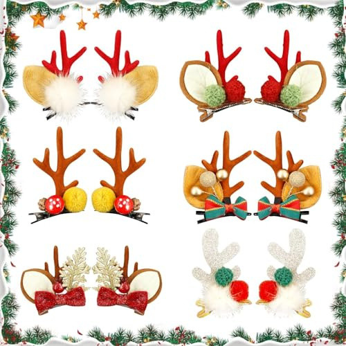 Huahuanghui 6 Paare Haarklammern Weihnachten Haarspangen Haarschmuck Rentier Geweih Haarnadeln Niedliche Elchgeweih Haarclips Kopfbedeckungen Weihnachten Für Kinder,Mädchen,Damen(6 Stile)