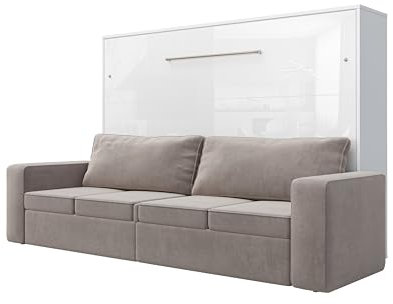 MAXIMAHOUSE Schrankbett horizontale mit Sofa, Invento LED 160H mit Lattenrost aus Holz, Wandklappbett 160x200 Erwachsene, modern Concept und Design, stabil,praktisch (Weiß/Weiß Glanz + beiges Sofa)