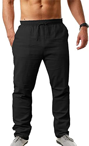 NANAMEEI Pantalon Lin Homme Léger Été Pantalon Yoga Homme Grande Taille avec Cordon Elastique Casual Summer Pants Men Noir XL