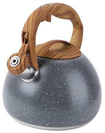 MAGICLULU Stainless Steel Whistling Kettle 2.8L Flat Bottom Tea Pot Wooden Handle and Sealed Filter for Home Office Travel Grey Outer Packing