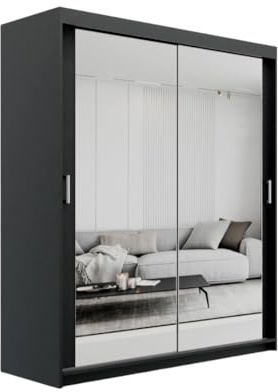 ELUKS SKY Double Sliding Doors Wardrobe with Mirror Drawers Furniture for Bedroom Living Room and Hall Wardrobe Organizer Width 100cm/120cm/150cm/180cm/200cm (Black, 150cm+ 2 drawers)