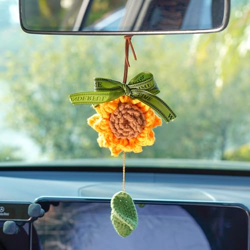 Crochet Sunflower Car Rear View Mirror Accessories for Women, Handmade Knitted Flower Hanging Charm Pendant, Boho Auto Interior Decor, New Driver First Car Gift