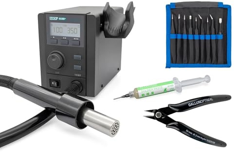QUICK 959D+ Heißluft Lötstation Sensor-geregelt und digital einstellbar, 3 Festspeicher - 580 Watt/Temperatur 100-500 °C - Heißluft 40L/Min - SMD Reworkstation mit 3-teiligem Zubehör-Set