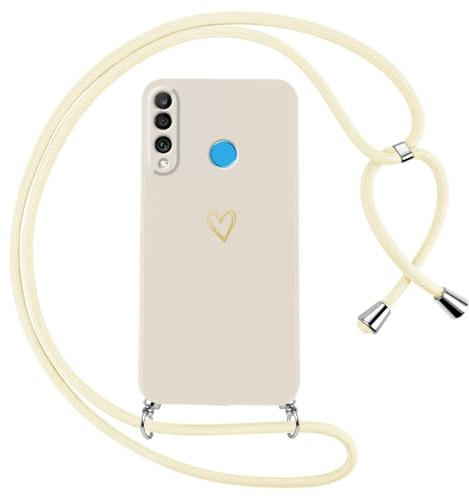Oelrstfe Handyband für Huawei P30 Lite/Nova 4e Hülle mit Band Herz Motiv Handyhülle für zum Umhängen Silikon Stoßfest Ultra Dünn Weich Schutzhülle mit Kordel Necklace Kette Love Muster Case,Weiß