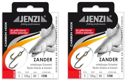 Set 2 Packungen JENZI gebundene Zanderhaken Ryder-Haken (10 Stück) an geflochtener Schnur, 80cm Zander Vorfach montiert Hakengröße, 2, 4, 6, 8 + gratis Petri Heill! Aufkleber