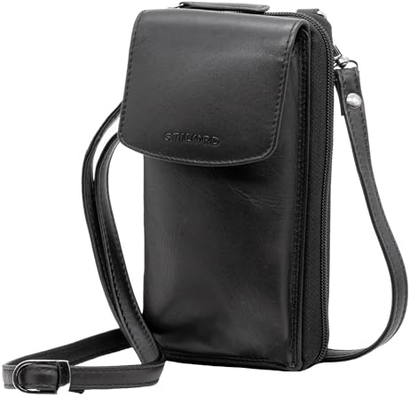 STILORD Jule Leder Handytasche mit Geldbörse zum Umhängen Damen Geldbeutel mit Handyfach RFID Schutz Handytasche zum Umhängen Frauen Handy Portemonnaie Tasche Echt-Leder groß Farbe:schwarz