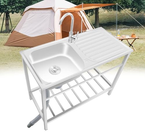 Ukkajovlex Camping Spüle 75cmx40cmx75cm Edelstahl Spültisch Freistehende Spüle mit Wasserhahn und Ständer Wetterfest Spültisch Outdoor Grillplatz Werkstatt Edelstahl Spüle für Waschküche Innen