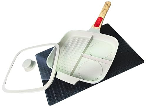 ABJA HOME, Padella Grill Antiaderente senza pfas, con Manico Removibile, Smontabile, Padella Quadrata con Divisione in 3 Sezioni, Lega di Alluminio. (bianco)