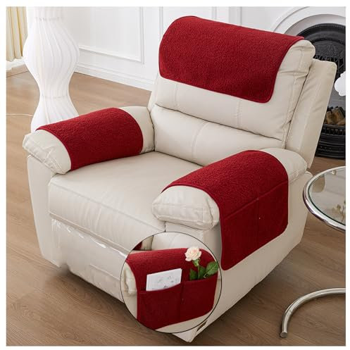 OREZAUQS Sesselschoner Armlehnenbezüge Sofa-Armbezug Lamm Samt Armlehnenbezüge Sesselbezug Mit Taschen Für Fernsehsessel rutschfeste Armlehnenschoner (Rot,A+2*B+C)