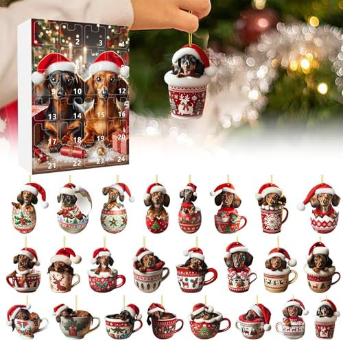 Weihnachtsbaum Dackel Anhänger, Adventskalender 2025, 24 Tage Weihnachts Countdown Kalender Für Christmas Tree Decoration Hanging Ornament 2D Acryl Dackel Hängeanhänger, Weihnachtsbaumschmuck