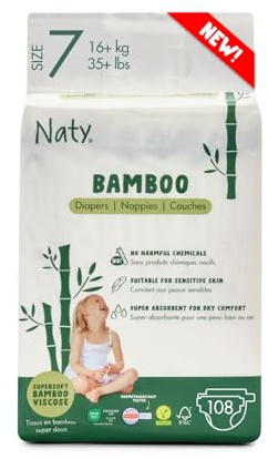 Naty Bamboo bambuviskosblöja – Silkeslen, växtbaserade blöjor, dermatologiskt testade för känslig hud och superabsorberande (Storlek 7, 108 antal)