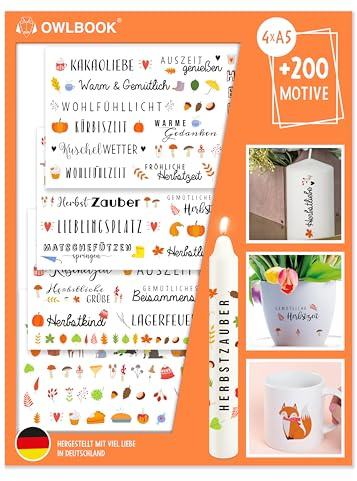 OWLBOOK® Kerzentattoos Herbst Kerzen Tattoo Herbstmotive Kerzen Sticker Kerzenfolien Tattoo Folie Kerzensticker Kerzen Aufkleber I Wasserschiebefolie | Herbstmotive V2 | 4 x Din A5