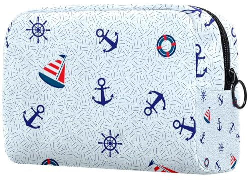 Sailboat Anchor Steering Wheel and Lifebuoy Cosmetic Bag for Women, Travel Toiletries Bags Large Makeup Handy Pouch Organiser Bag with Zipper