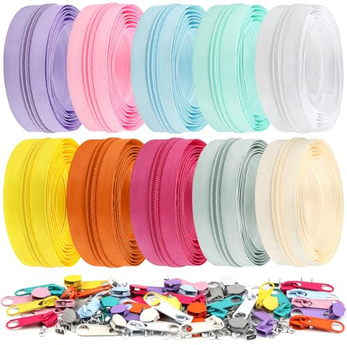 DOITEM 20 m, 10 piezas de colores surtidos #5 cremalleras de bobina de nailon, cremalleras de costura sin fin con 40 deslizadores de cremallera, cabezales de cremallera para manualidades, costura,