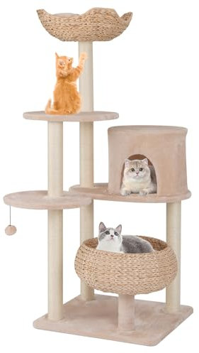 COSTWAY Arbre a Chat Bois 146 cm, Arbre a Chat Design, 3 Griffoirs Chat en Sisal, 5 Plateformes, Condo, Quenouille Tressée, Arbre à Chat XXL, Coussins Amovible, Pompon, Tour pour Chat à 5 Étages