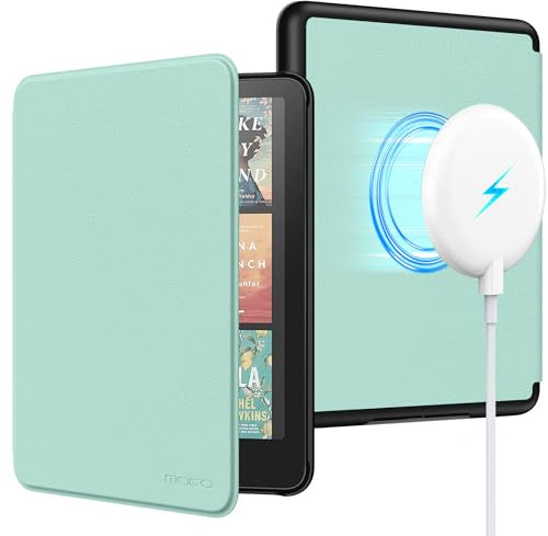 MoKo Étui Magnétique Compatible avec 7 Kindle Paperwhite Signature Édition 12e Gén 2024 et Kindle Colorsoft, Coque Compatible avec iphone Magsafe pour Samsung/Anker Wireless Charging Pads, Agave Vert