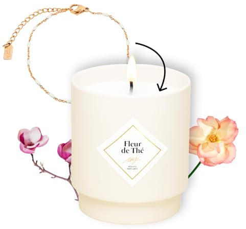 MY JOLIE CANDLE - Duftkerze mit Teeblütenduft – vergoldetes Armband aus Edelstahl mit cremefarbenen Perlen – für Weihnachten und Geburtstag – Wachs auf pflanzlicher Basis