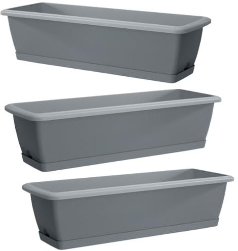 DTU24 3X Blumenkästen für Balkon, Balkonkasten Blumentopf, 3 Stück (60 cm, Grau, 3 Pack)