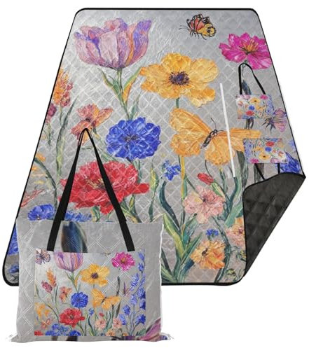 EtherSpher Picknickdecke, Retro-Blumen mit Farbe, Ölgemälde, wasserdicht, groß, sandabweisend, tragbar, Picknickdecke für Boden, Konzertdecke, Manta Parque