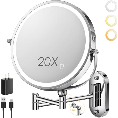 ZLOKLA 9 Wall Mounted Lighted Makeup Mirror,4000mAh Rechargeable Double Sided 1X/20X Magnifying Mirror with Light,Touch Dimmable,Extended Arm 360 Rotation Wall Mounted Makeup Mirror 3 Color Lights