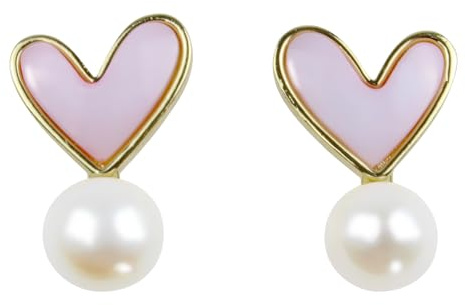 First Love pärlörhängen – handmålat hjärta i rosa med sötvattenspärla, kopparlegering med 14K förgyllning, söt design för vardagen och speciella stunder, Standardstorlek, 14K guldpläterad