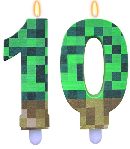ParPix Pixel Födelsedagsljus 10-årsdag flicka pojke, pixelmönster ljus siffror 10, gröna 10 födelsedagsljus 10-årsdag tårtljus videospel pixel tema 10 ljus siffror