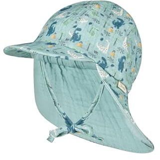 Sterntaler Schirmmütze Nackenschutz Dinos – Leichte Kindermütze aus Bio-Baumwoll-Musselin mit Dino-Print, elastischem Gummibund, Bindeband und weichem Innenfutter, UV-Schutz 50+