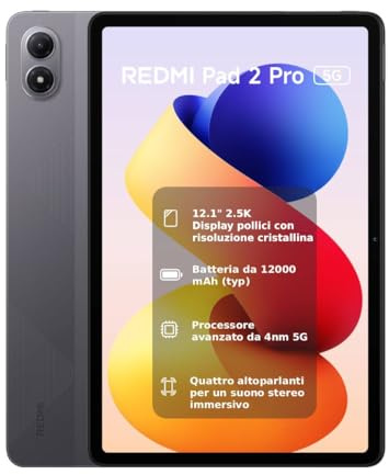 Xiaomi Redmi Pad 2 Pro 5G, 6+128GB, Display 2.5K 120Hz super nitido da 12,1, Batteria da 12.000mAh, Processore 4nm con 5G, Dolby Atmos, Grafite Grigio, Garanzia 2 anni, Caricatore non incluso