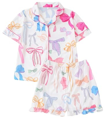 JiAmy pyjamas för flickor, sommar, kortärmad nattkläder, button-down-båge, tryck, pyjamas, 2-delat set, nattkläder, 7-12 år, Färgglad rosett, 9-10 Years