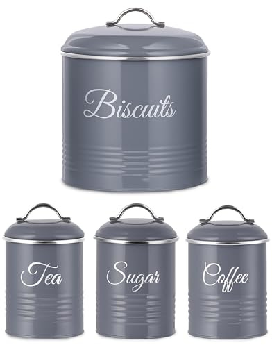Innoteck Airtight 5.3L Biscuit Tin with Lid & Tea Coffee Sugar Canisters Set of 3 – Metal Cookie Jar and Food Storage Containers for Freshness and Organisation, Grey