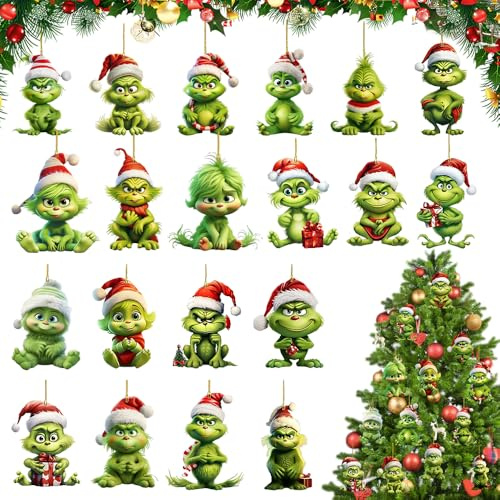 Grinch Weihnachtsdeko Anhänger 20 Stück, Grinch Weihnachtskugeln 2D Acryl-Anhänger mit Elastischer Kordel, Grinch Deko Acryl-Hängende Ornamente, Lustig Grinch Weihnachtsbaum für Zuhause, Urlaub