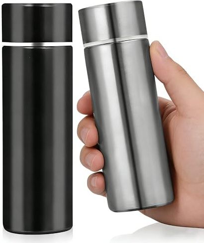 Spotzyllic 2 Pcs 150ml Small Thermos Flask, Stainless Steel Water Bottle Keeps Cold 12H/Hot 8H, Leak Proof Insulated Cup for Travel, Handbag, Gift for Couples (Black+Metallic)