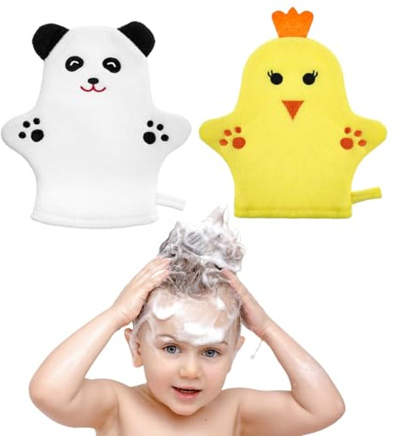 KFHENSOMR 2PCS Baby Bath Mitt Washcloths Gloves Toddler Soft Washcloths | Panda Chicken, for Kids, Designed in Cute Animal Towel, Gentle Scrub, for Baby Girl Boy, Bath Shower