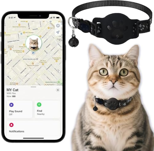Collier GPS Chat, Traceur GPS Chat Tracker, sans Abonnement Mensuel, Pas de SIM, Compatible avec Apple Find My (iOS Uniquement) (Collier + pisteur Noir)