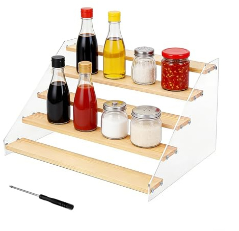 QYRDBGY Acrylic Spice Rack for Inside Cupboard, 5 Tiered Wooden Perfume Fragrance Display Stand Spice Organiser with Screwdriver for Craft Fairs Makeup Bottles