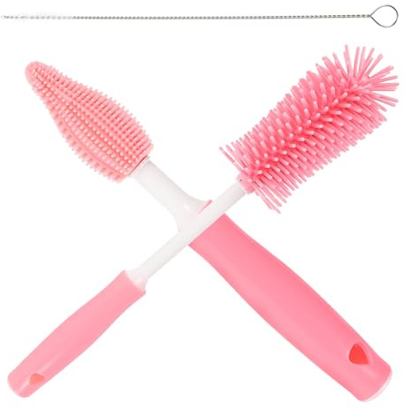 IWOWHERO Lot de 3 set de Brosses de Nettoyage pour Biberons en Silicone Manche Long Ergonomique Couleur Cerise Rouge Brosse Multifonction pour Biberon Paille et Tétine pour Alimentation