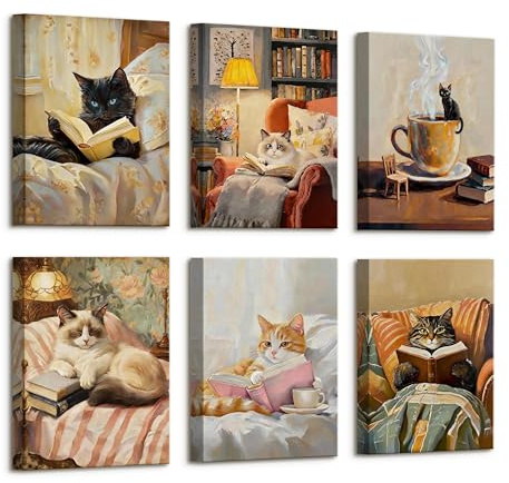 6Pcs Gato Gracioso Leyendo Libros Marco de Madera Cuadros Decoracion Salon, Divertido Gato Leyendo en la Cama Cuadro Pintura Lienzos Decorativos Animales Bonitos Cuarto Murales Para Niños Dormitorio