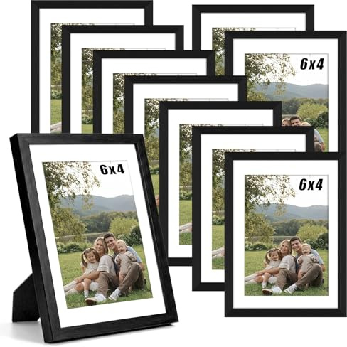 10 Pcs 6x4 Photo Frame with Mat, 10× 15 cm, 4x6 Black Picture Frames with Plexiglass Window for Tabletop and Wall Mounting, Picture Frame Set for Home Office Living Room Décor