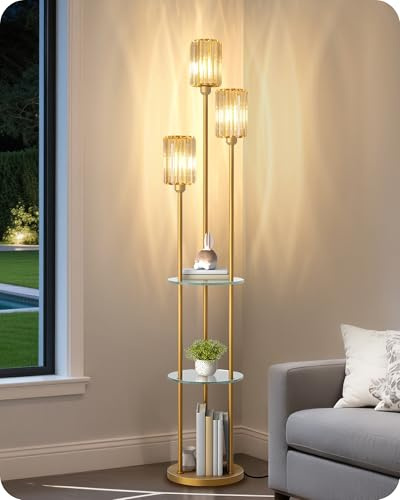 GOEBLESON Goldene Stehlampe, Stehleuchte mit Regal, im Vintage-Stil | aus Glas, mit Fußschalter, Stabile 3-flammige Standlampe für Wohnzimmer, Schlafzimmer und Arbeitszimmer