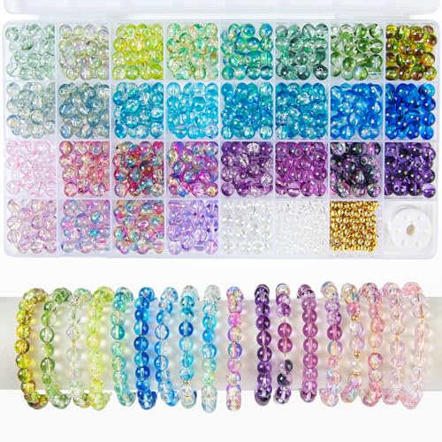Glasperlen zum Auffädeln 8mm, 925 Stück Perlen Set für Armbänder | 32 Fächer: transparente & Crackle Glasperlen mit Abstandshalter-Perlen, Schmuckperlen für Armbänder und Schmuck selber machen
