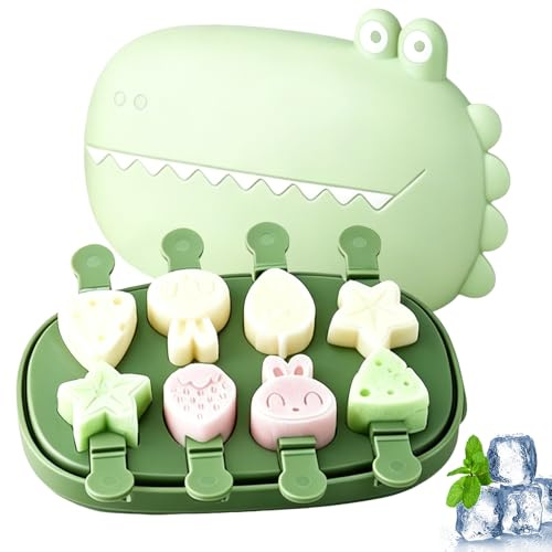 Moldes para Helados de Silicona, 8 Compartimentos Formas Helado con Forma de Cocodrilo, Reutilizable Moldes Polos Silicona, DIY Formas para Sorbete con Diseños de Animales para Paletas y Helados Caser