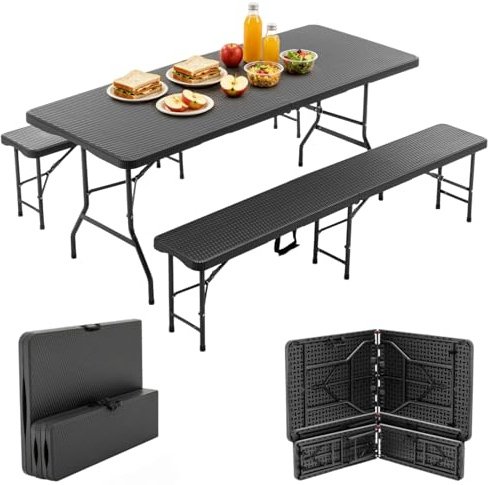 Gecheer 180cm Bierzeltgarnitur Klappbar 3-teilig mit 1 Klapptisch & 2 Bierbank, HDPE Tischplatte mit Baummuster, Campingtisch Set ffür Garten Camping Balkon Party Festival Markt, Schwarz