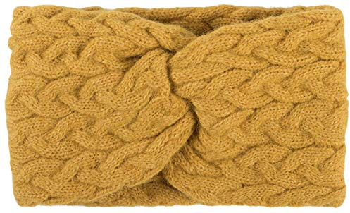 styleBREAKER Damen Strick Stirnband Zopfmuster Twist Knoten, Curry | Polyacryl-Gewebe, ungedehnt 19 cm Bundweite, 10 cm breit, sehr elastisch (dehnbar für 42-59 cm Kopfumfang), enganliegend.