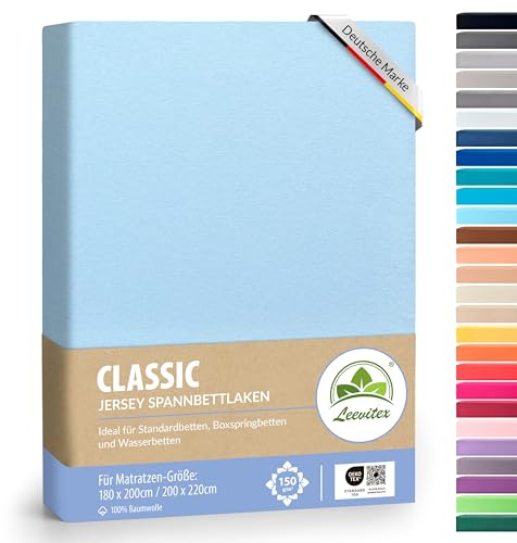 Boxspringbett & Wasserbett Spannbettlaken von leevitex® | Spannbetttuch | ÖKO-TEX | 180x200 – 200x220 cm | 100% Jersey-Baumwolle | 150 g/m² | 40 cm Steg | Hellblau/Himmelblau