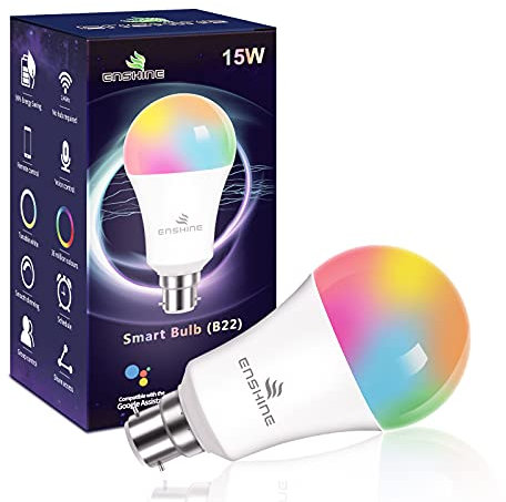 Enshine Bayonet Smart Bulb, 15W(100W) WiFi Light Bulbs B22, Colour Changing and Tunable White, Compatible with Alexa and Google Home, 1500 Lumens, Remote Control by APP, No Hub Required (Pack of 1)