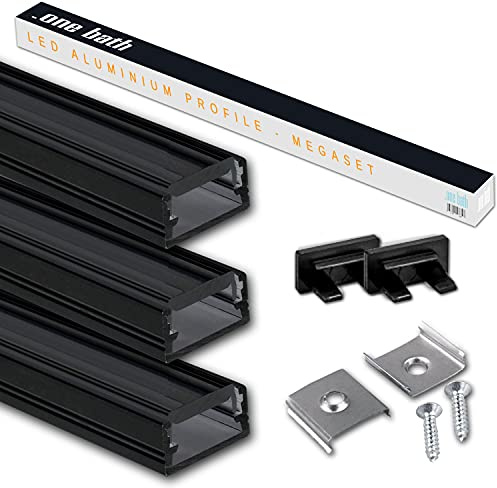 .one-bath LED Aluprofil 2m am Stück I LED Alu Profile 3x2m Schwarz I Aluminiumprofil für LED Stripes I Lichtleiste I Aufputz I Innen- und Außenbereich