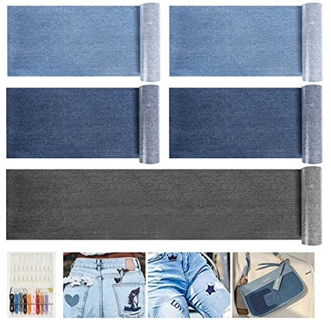 KLYNGTSK 5 Rollen Jeans Flicken zum Aufbügeln Denim Bügelflicken Aufbügler Patches zum Aufbügeln Jeans Patches Sticker mit Nadel und Faden Jeans Reparatursatz Set für Jeans Kleidung Tasche DIY-Zubehör