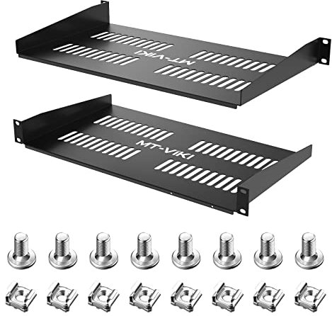 MT-VIKI 2 stycken 1U 19 tums hylla för nätverksskåp 1U perforerad rackmonteringsserver för 19 tums nätverksskåp 22 kg 250 mm djup hylla 2 stycken