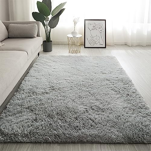 Swsen Tappeto Soggiorno Super Morbido - Tappeti Shaggy Soffice Lato Lavabile - Moderno Tappeto Inferiore Antiscivolo a Pelo Lungo Tappeti a Pelo Lungo 50 x 80CM, Grigio argento