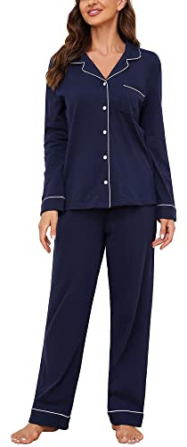 U2SKIIN Schlafanzug Damen lang 100% Baumwolle, Pyjama Damen weiche Pyjamas Set leichte Nachtwäsche Schlafanzüge für Frauen Zweiteiler Pyjama Set (Dunkelblau, M)
